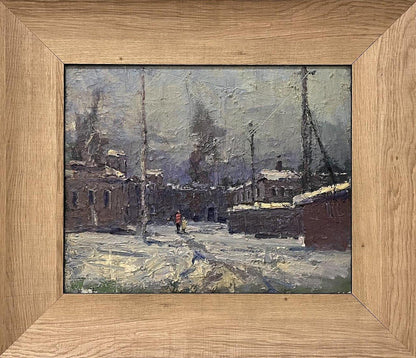 Rustic framed oil painting of snowy village street by Volodymyr Pashchenko
