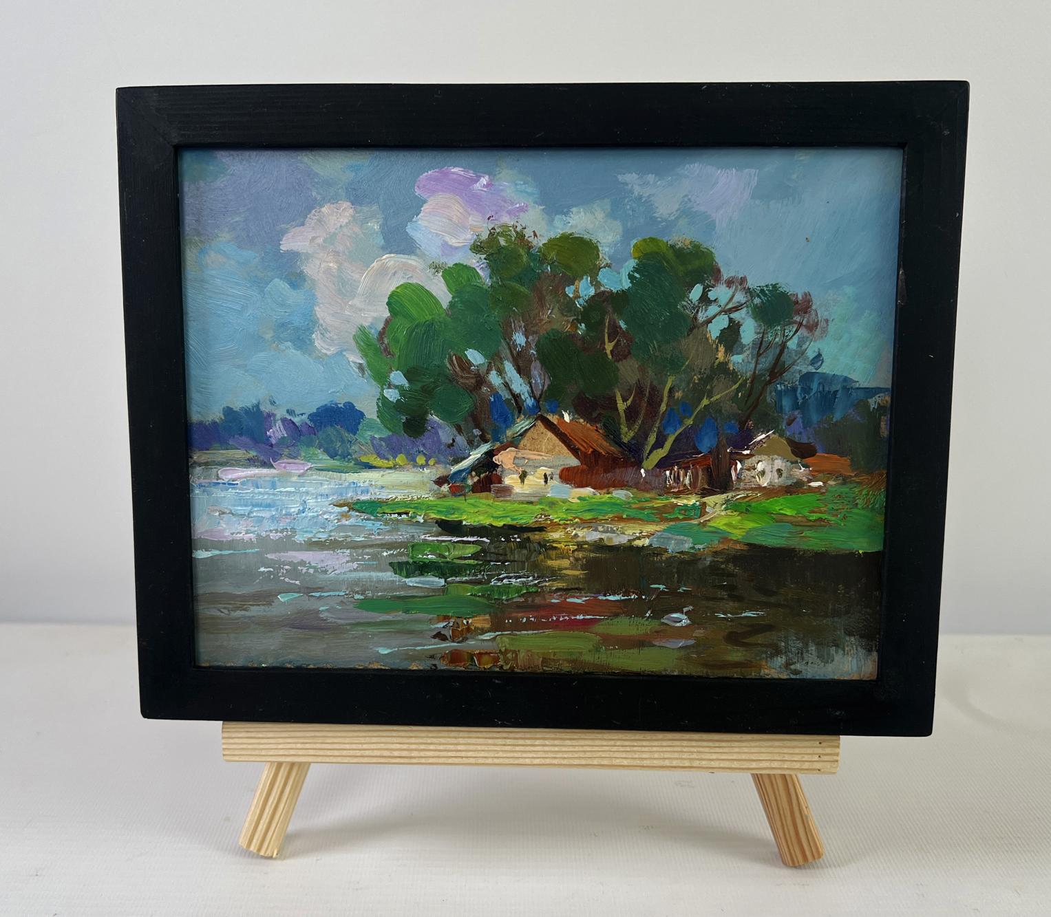 Oil painting The river flows past the village by Yuriy Suprunchuk lakeside scene