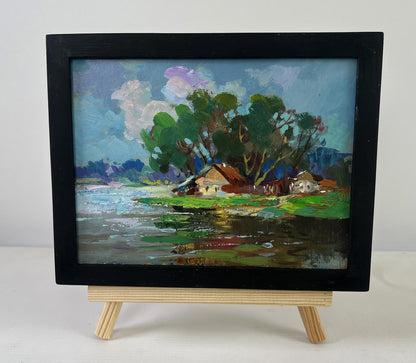 Oil painting The river flows past the village by Yuriy Suprunchuk lakeside scene