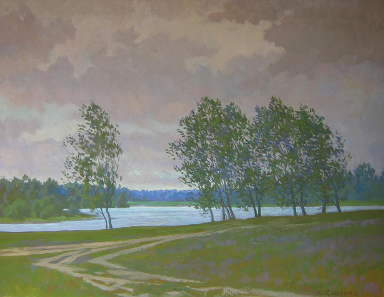 Oil painting Evening wind in the forest by Valery Savenets serene river landscape