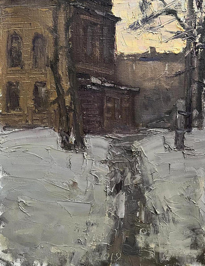 Oil painting Winter evening by Volodymyr Pashchenko snowy street
