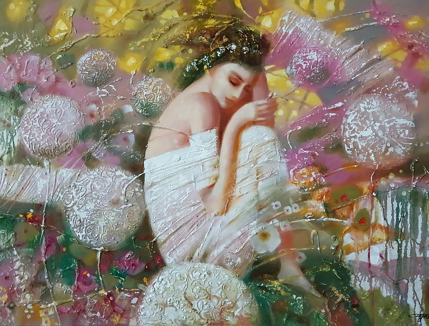 Abstract oil painting of woman in white textured lace gown by Anatoly Tarabanov