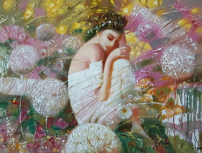 Abstract oil painting of woman in white textured lace gown by Anatoly Tarabanov