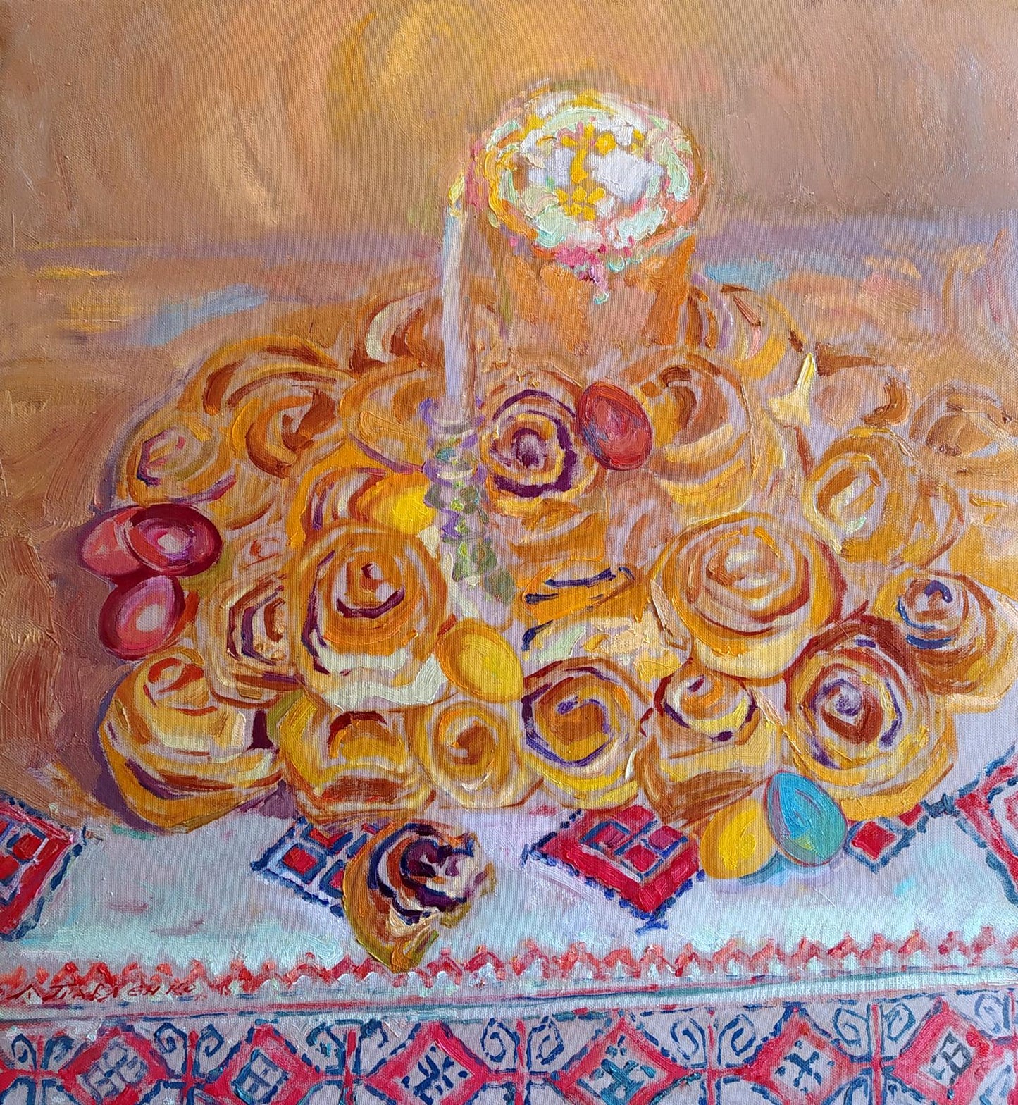 Oil painting of Easter still life with swirled pastry and cupcake by Leonid Pavlenko