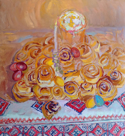 Oil painting of Easter still life with swirled pastry and cupcake by Leonid Pavlenko