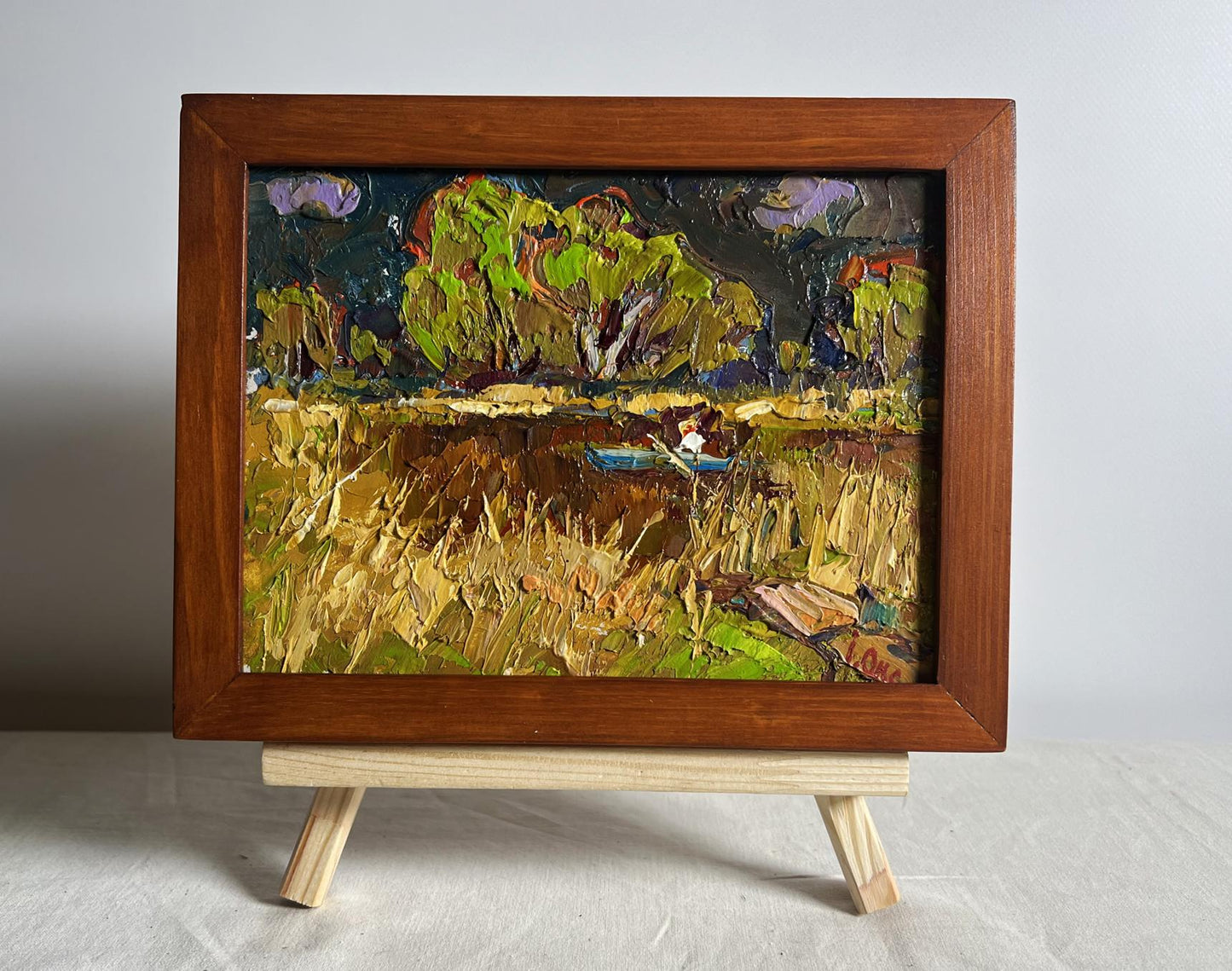 Rustic framed oil painting Going fishing after the rain by Oksana Ivanyuk
