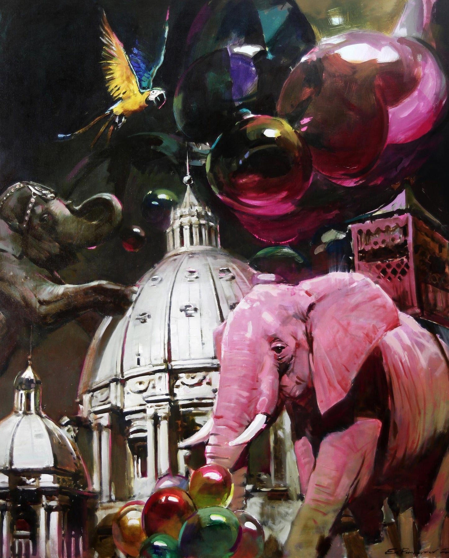 Vibrant pink elephant oil painting Show Must Go On by Ed Potapenkov