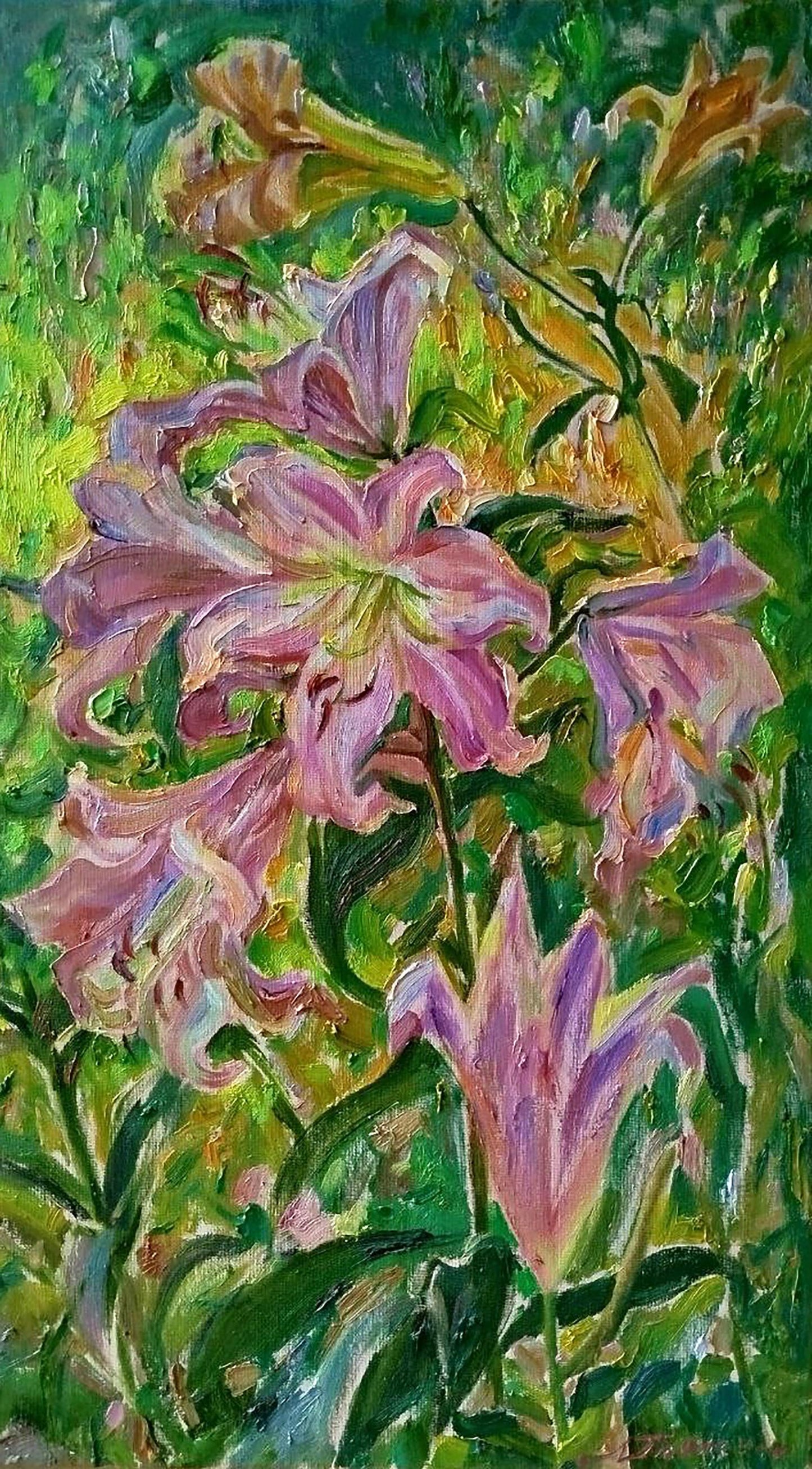 Oil painting Pink lilies by Leonid Pavlenko with textured pink purple lilies