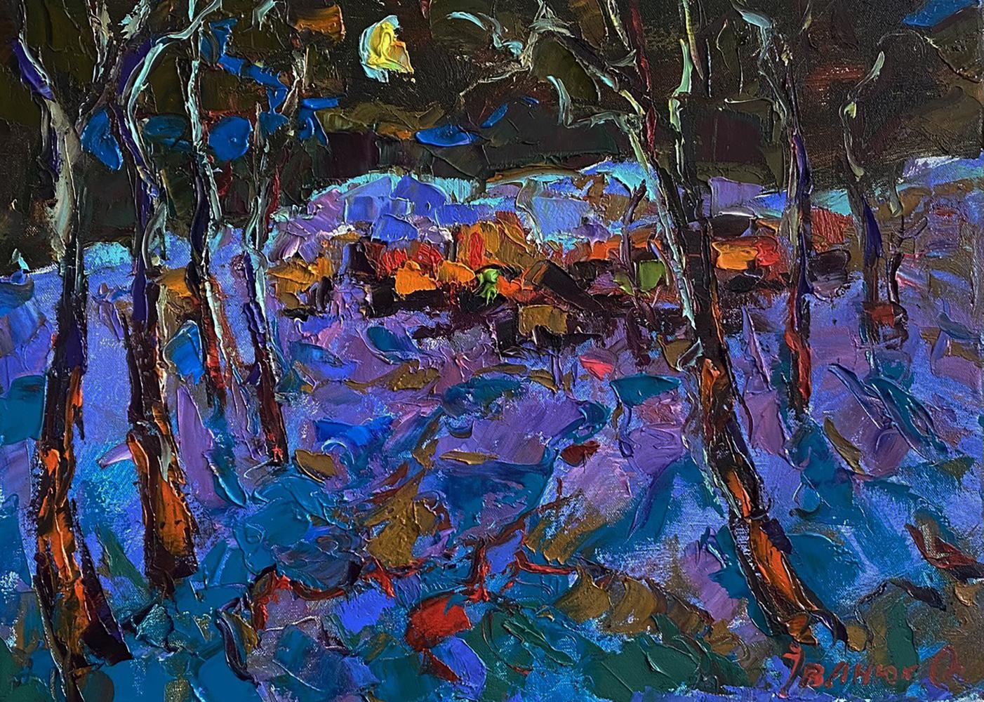 Vibrant impressionist oil painting Moonlit night in the field by Oleksiy Ivanyuk