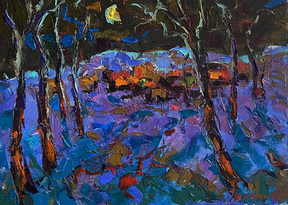 Vibrant impressionist oil painting Moonlit night in the field by Oleksiy Ivanyuk