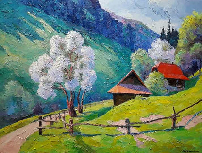 Rustic wooden cabin with red roof in lush valley, custom landscape painting