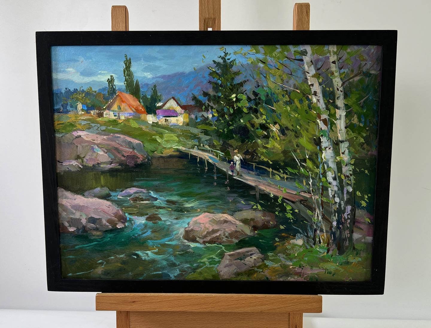 Oil painting Bridge over the river by Yuriy Suprunchuk rustic village scene
