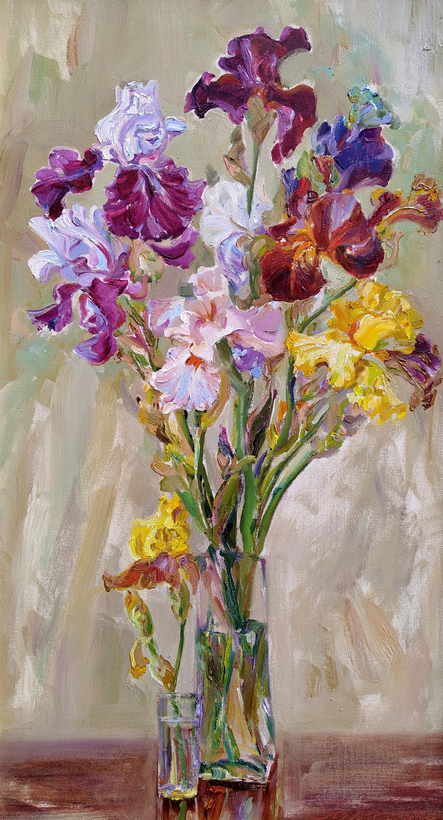 Oil painting of vibrant irises in glass vase by Leonid Pavlenko