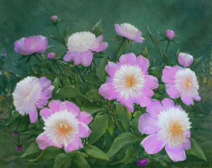 Oil painting of vibrant pink peonies by Vasily Korkishko
