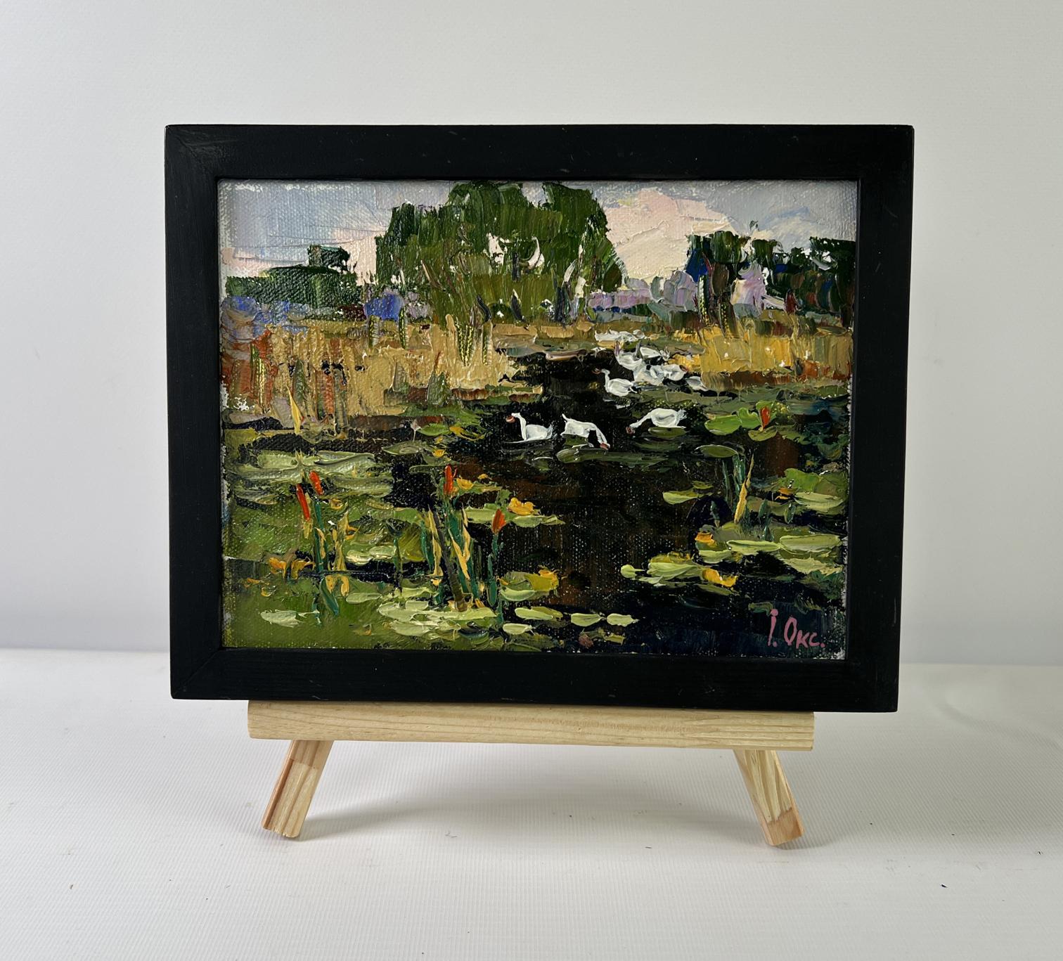 Oil painting Geese in the lake by Oksana Ivanyuk with ducks and lily pads