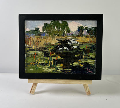 Oil painting Geese in the lake by Oksana Ivanyuk with ducks and lily pads
