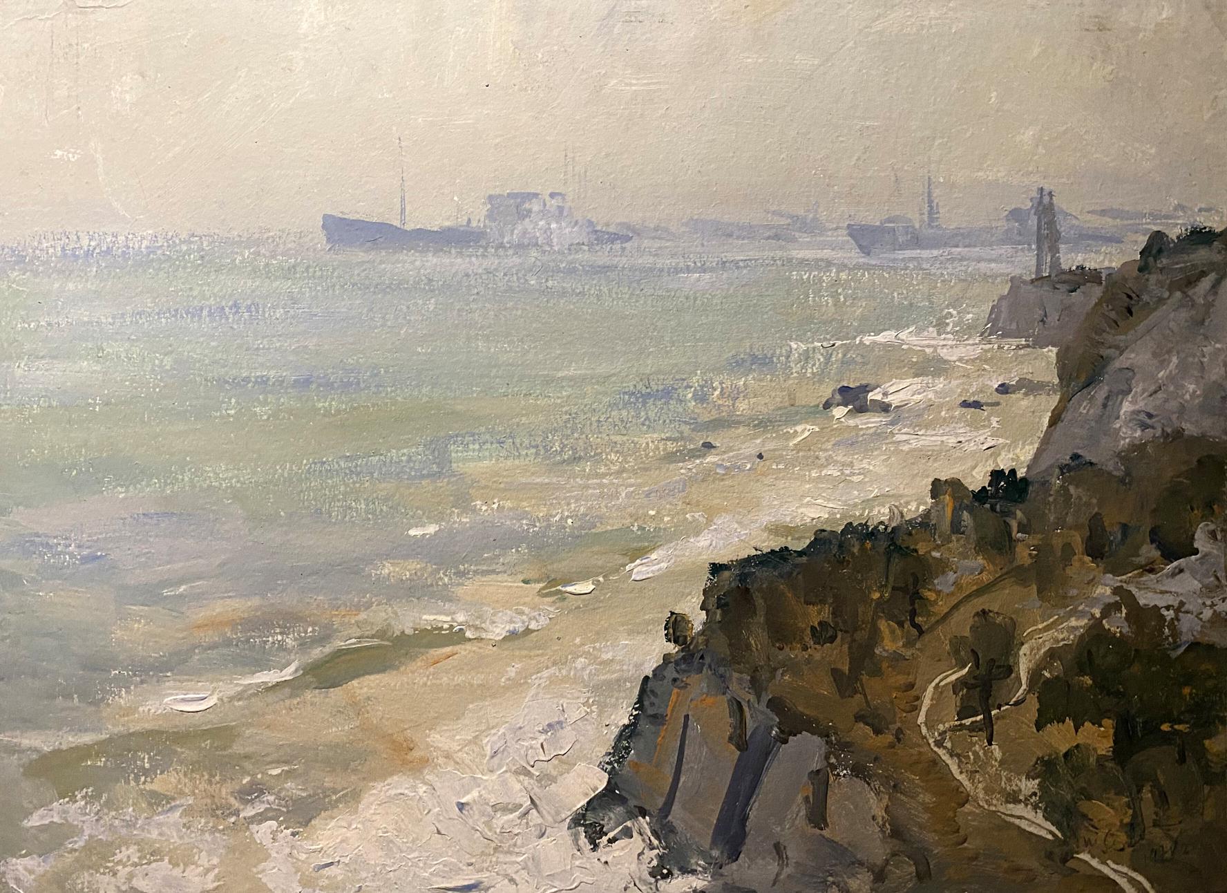 Oil painting Sea shore by Petro Sulymenko: textured coastal waves on cliffs