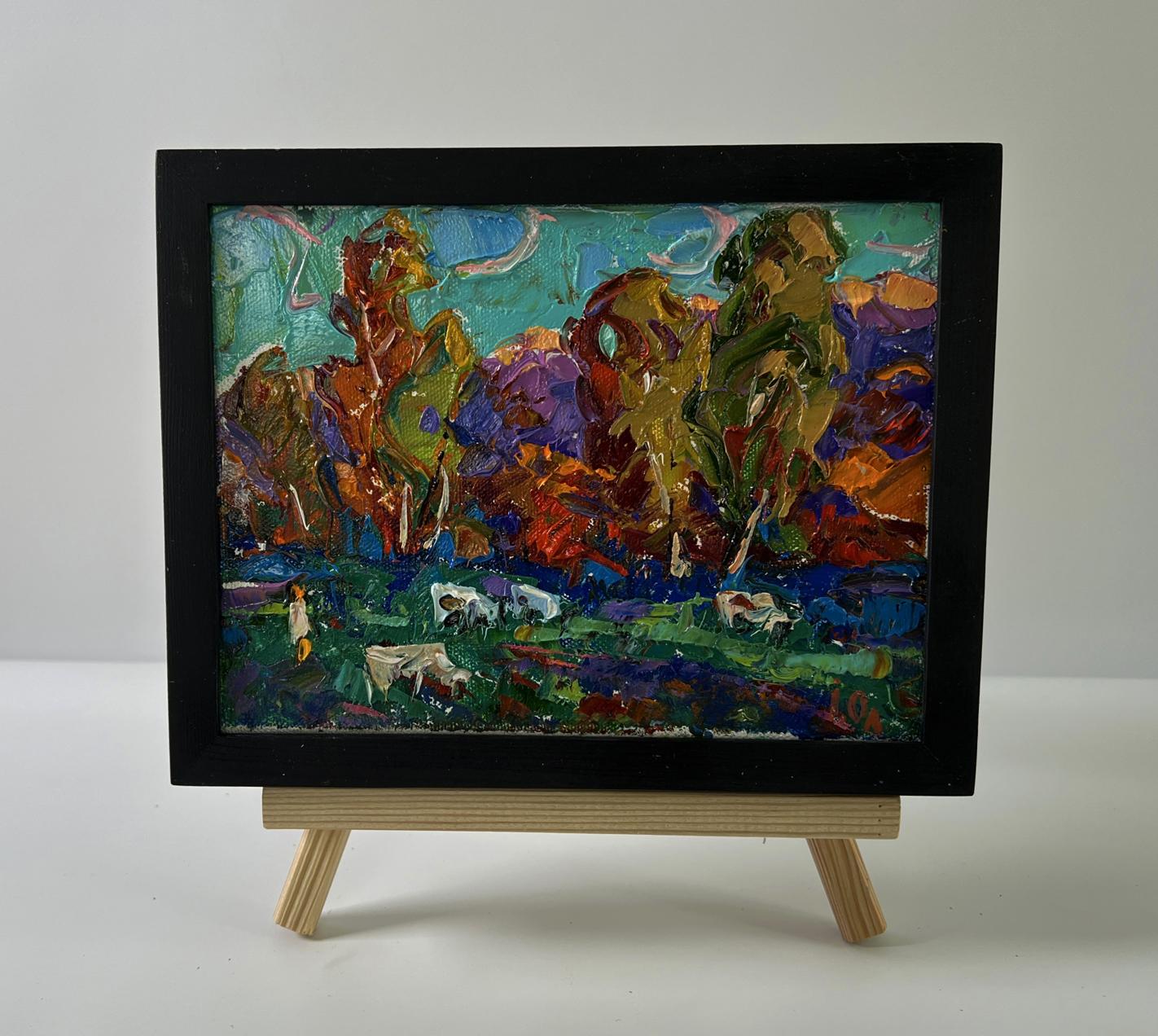 Oil painting Evening forest by Oleksiy Ivanyuk in black frame