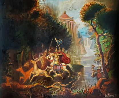 Oil painting Hunting in Ancient China by Daniil Litvinov: knight on horseback