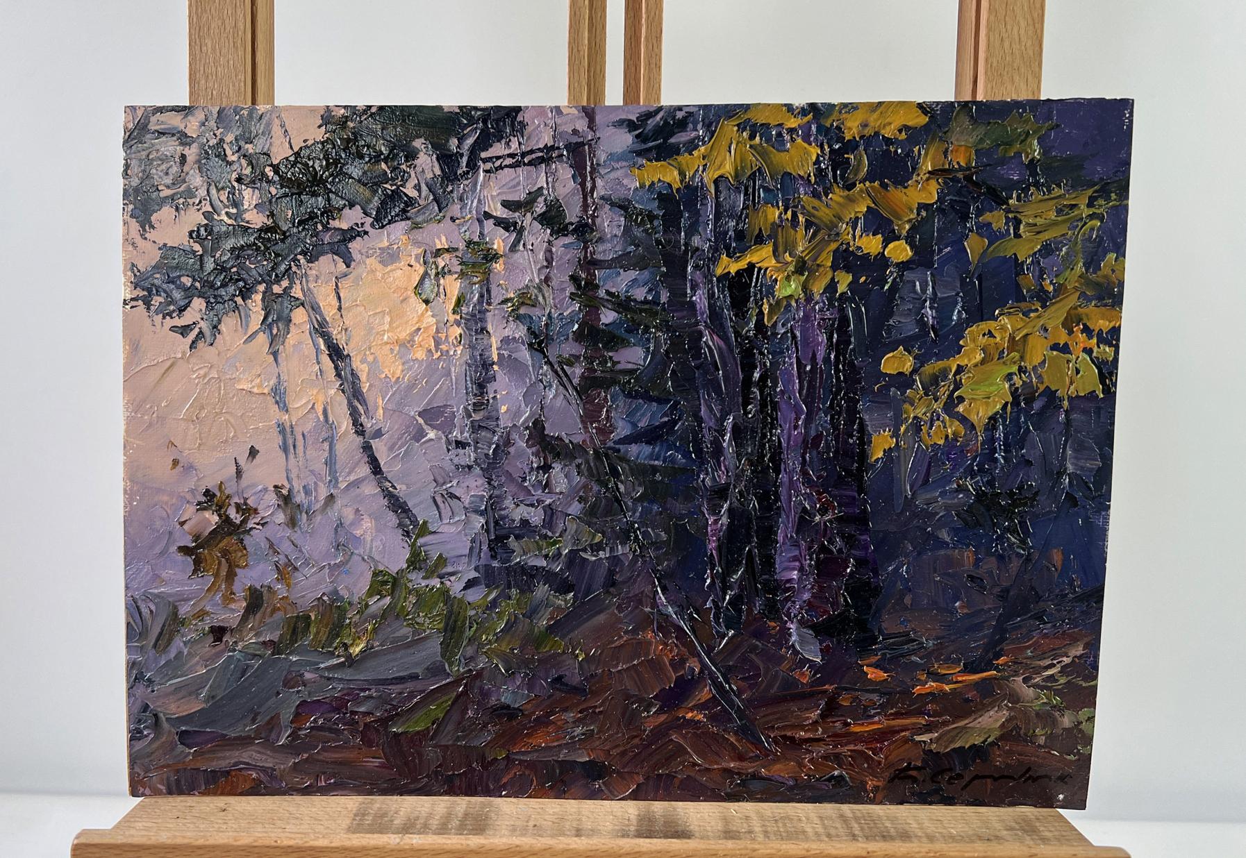 Oil painting Fog in the autumn forest by Boris Serdyuk on easel