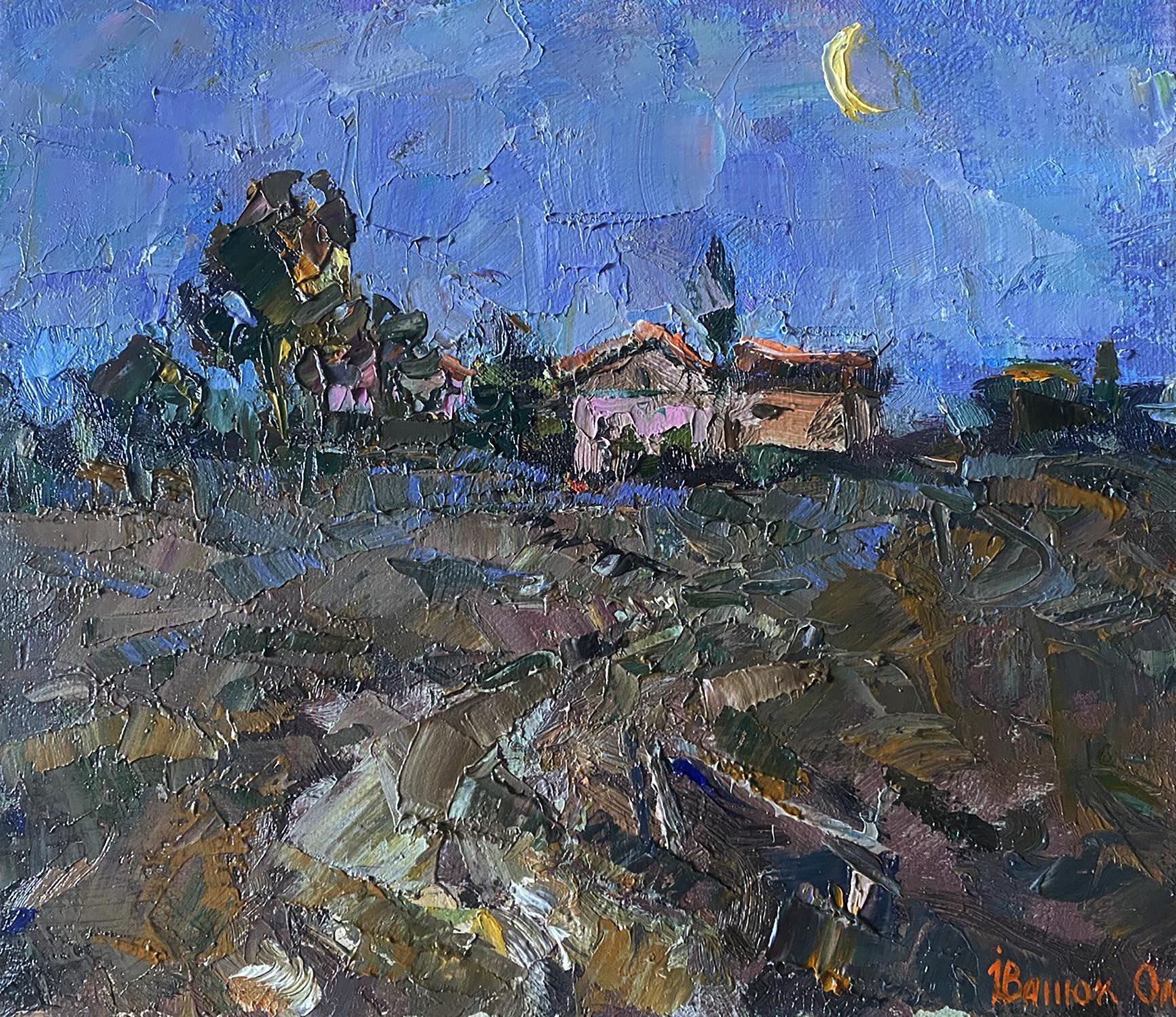 Oil painting Moon morning by Oleksiy Ivanyuk: village under crescent moon