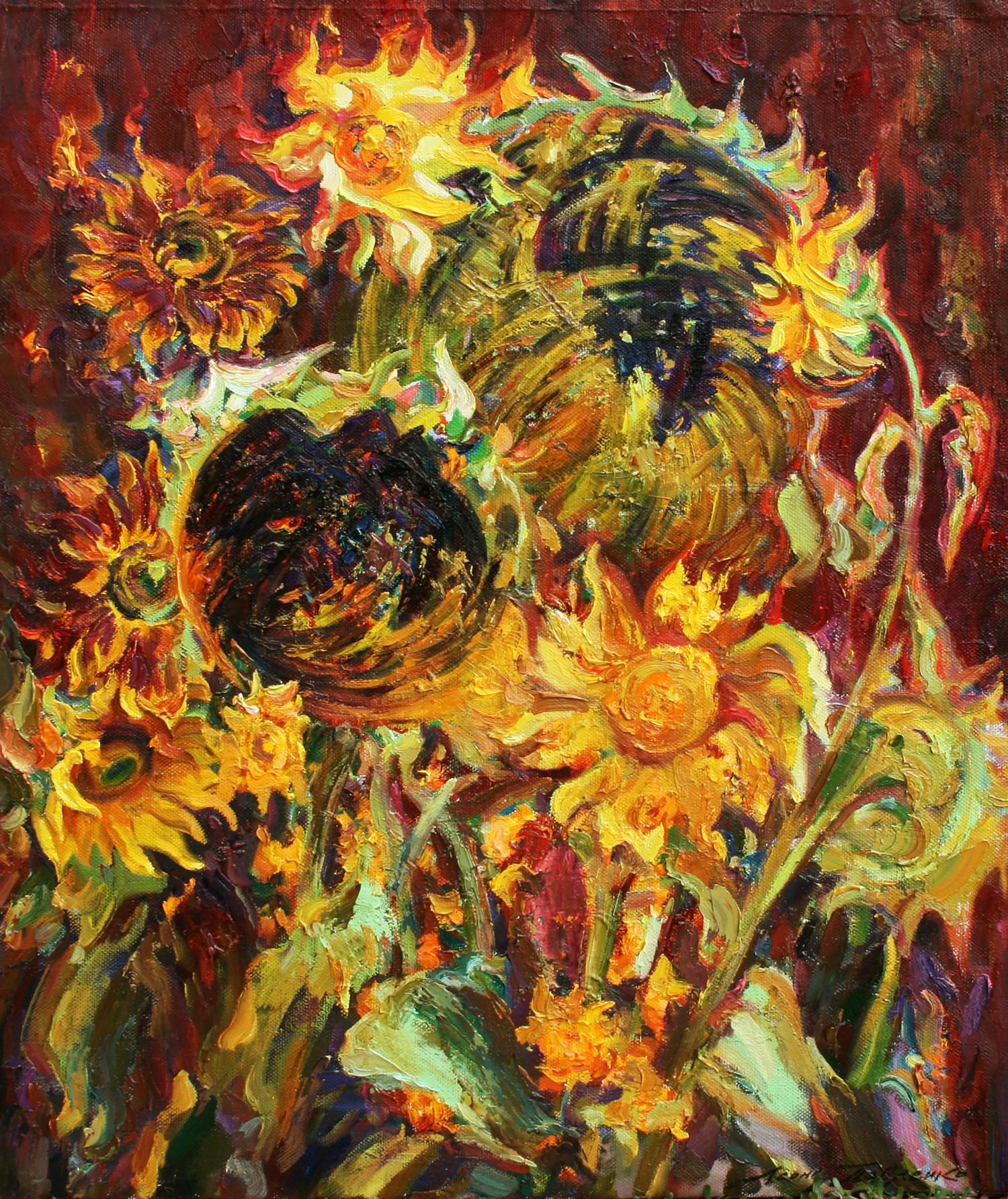 Vibrant oil painting Solar flares by Leonid Pavlenko sunflowers in yellows oranges red background