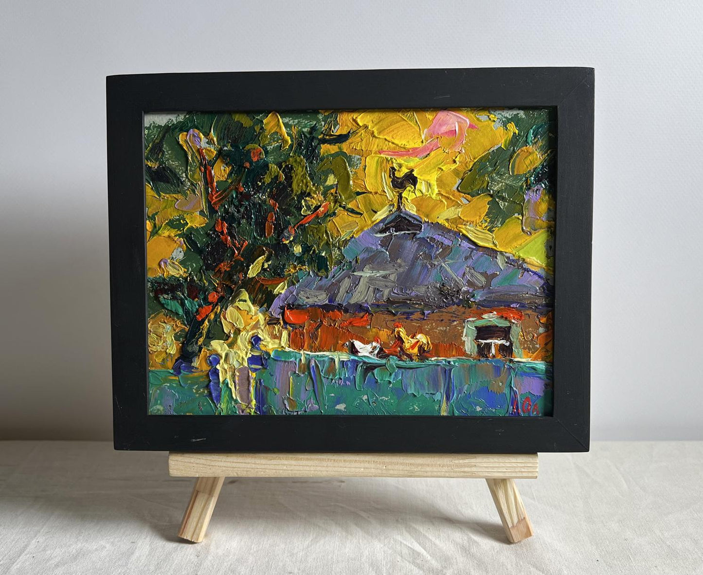 Oil painting Warm evening with yellow sunset by Oleksiy Ivanyuk in black frame