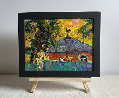 Oil painting Warm evening with yellow sunset by Oleksiy Ivanyuk in black frame