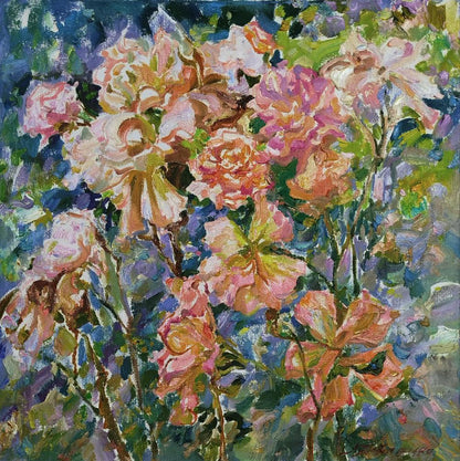 Vibrant impressionist oil painting of blooming pink peach roses by Leonid Pavlenko