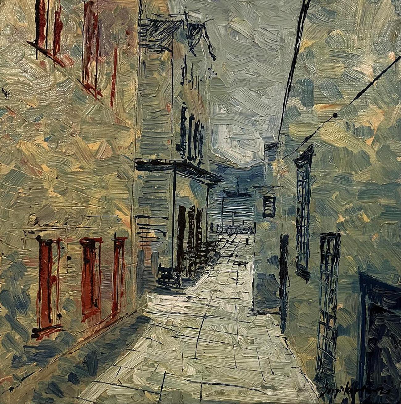 Oil painting Visibility by Serhiy Kovalev: textured alleyway with red windows