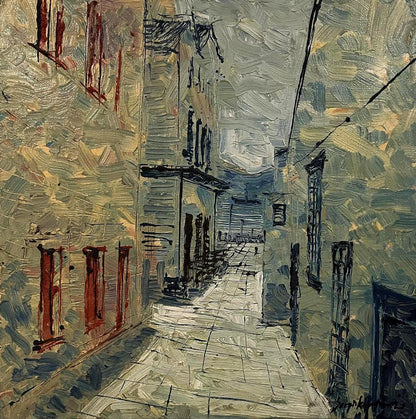 Oil painting Visibility by Serhiy Kovalev: textured alleyway with red windows
