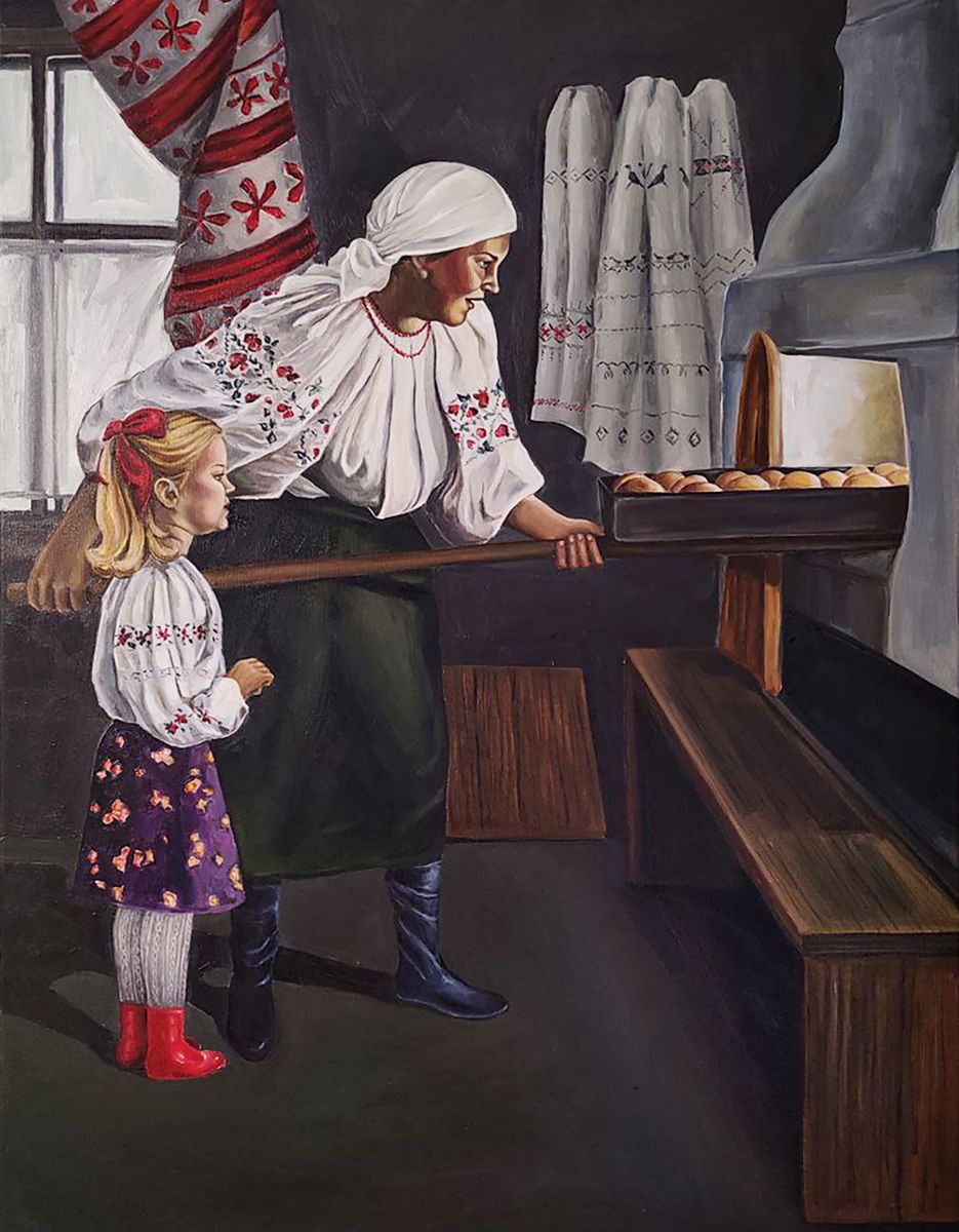 Oil painting of Grandma making golden-brown pies on wooden bakery shelf by Oksana Sklym