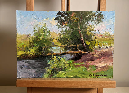 Impressionist oil painting by Boris Serdyuk: rustic bridge over stream with geese