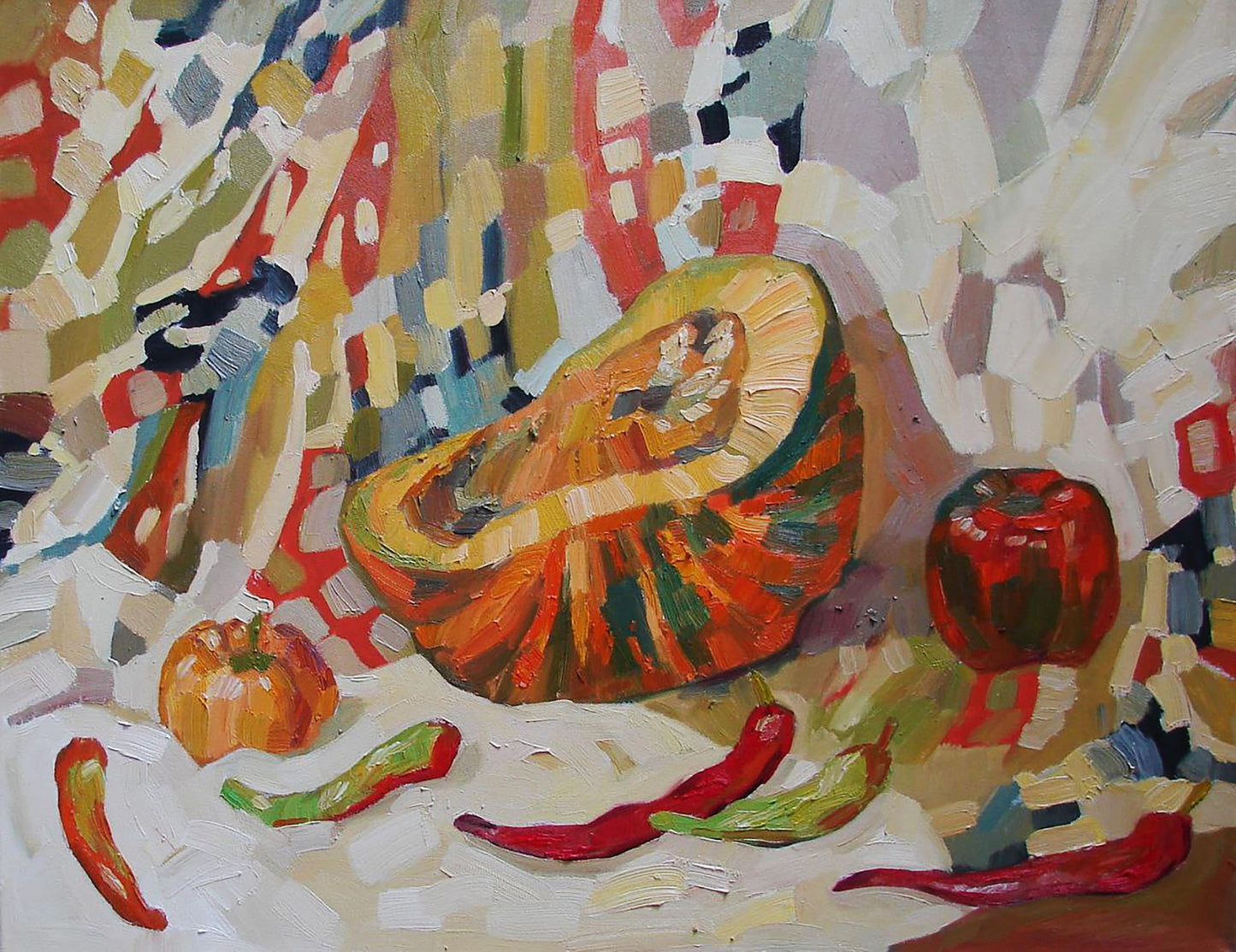 Oil painting by Tatyana Shulyak: sliced orange squash with peppers