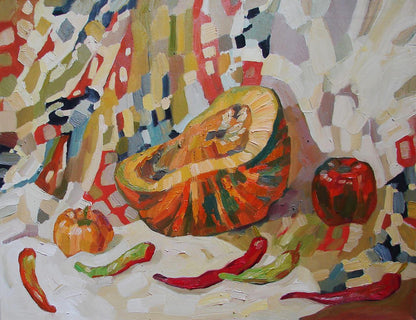 Oil painting by Tatyana Shulyak: sliced orange squash with peppers