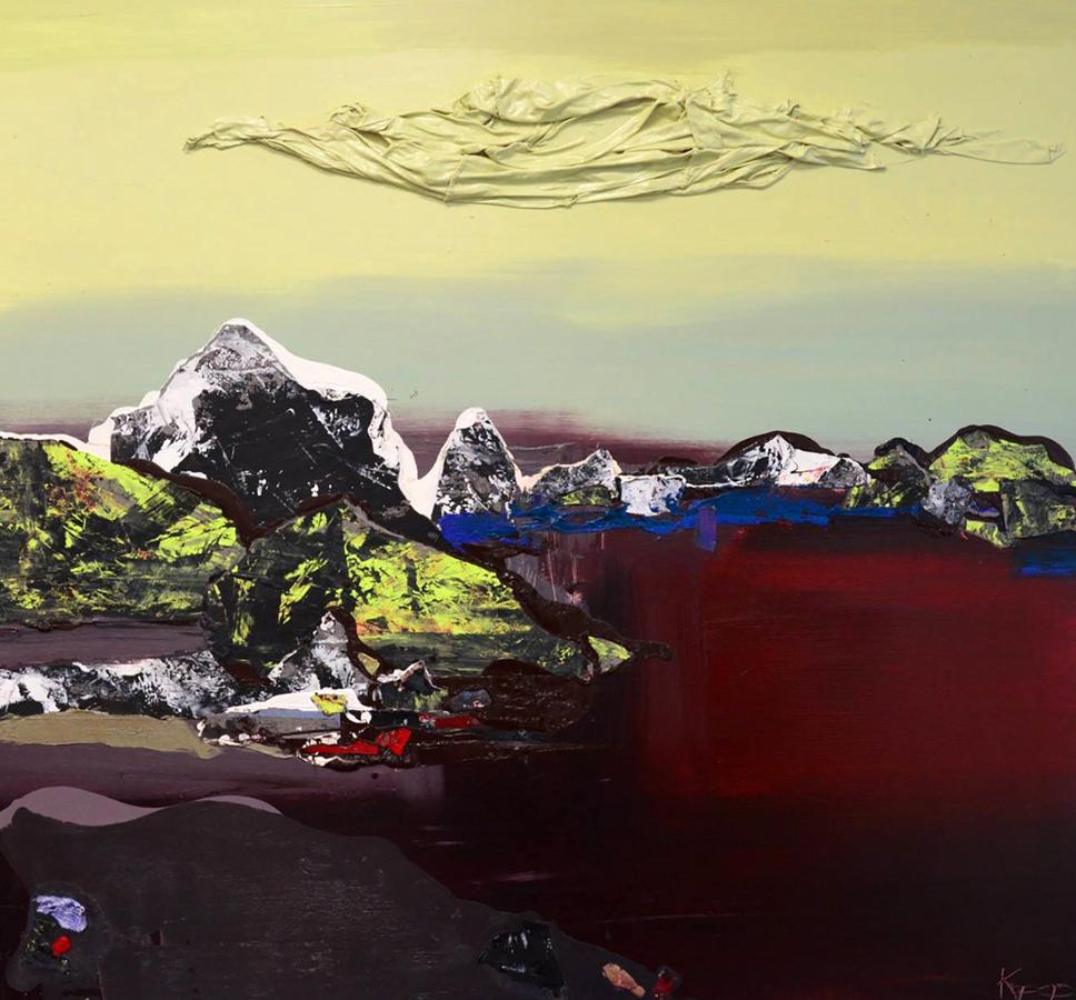 Abstract black and white mountains with yellow sky by Natalia Korf-Ivaniuk