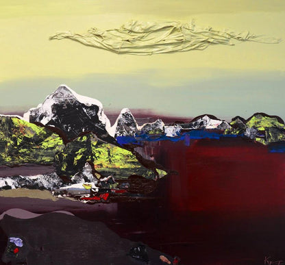 Abstract black and white mountains with yellow sky by Natalia Korf-Ivaniuk