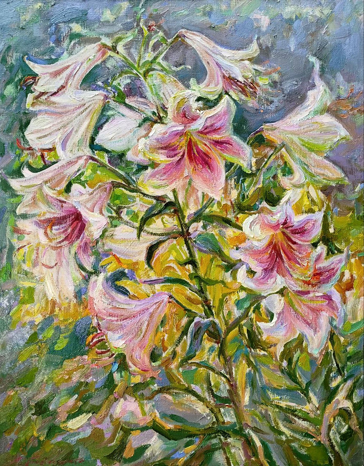 Vibrant impressionist oil painting of blooming lilies by Leonid Pavlenko