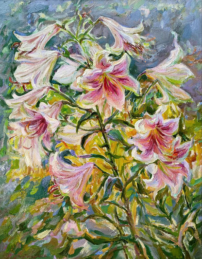 Vibrant impressionist oil painting of blooming lilies by Leonid Pavlenko