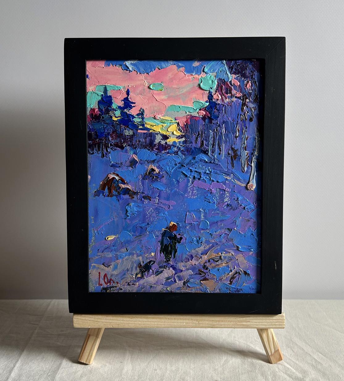 Oil painting Frosty winter evening by Oleksiy Ivanyuk in black frame