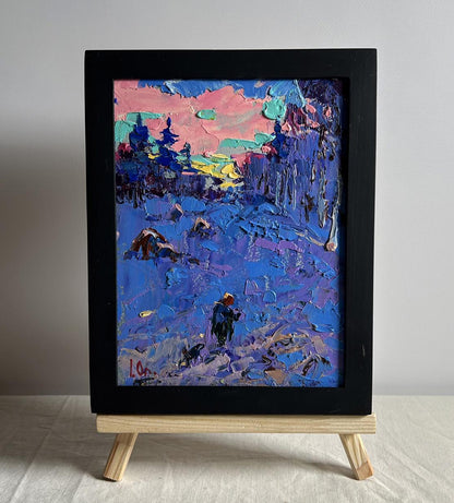 Oil painting Frosty winter evening by Oleksiy Ivanyuk in black frame