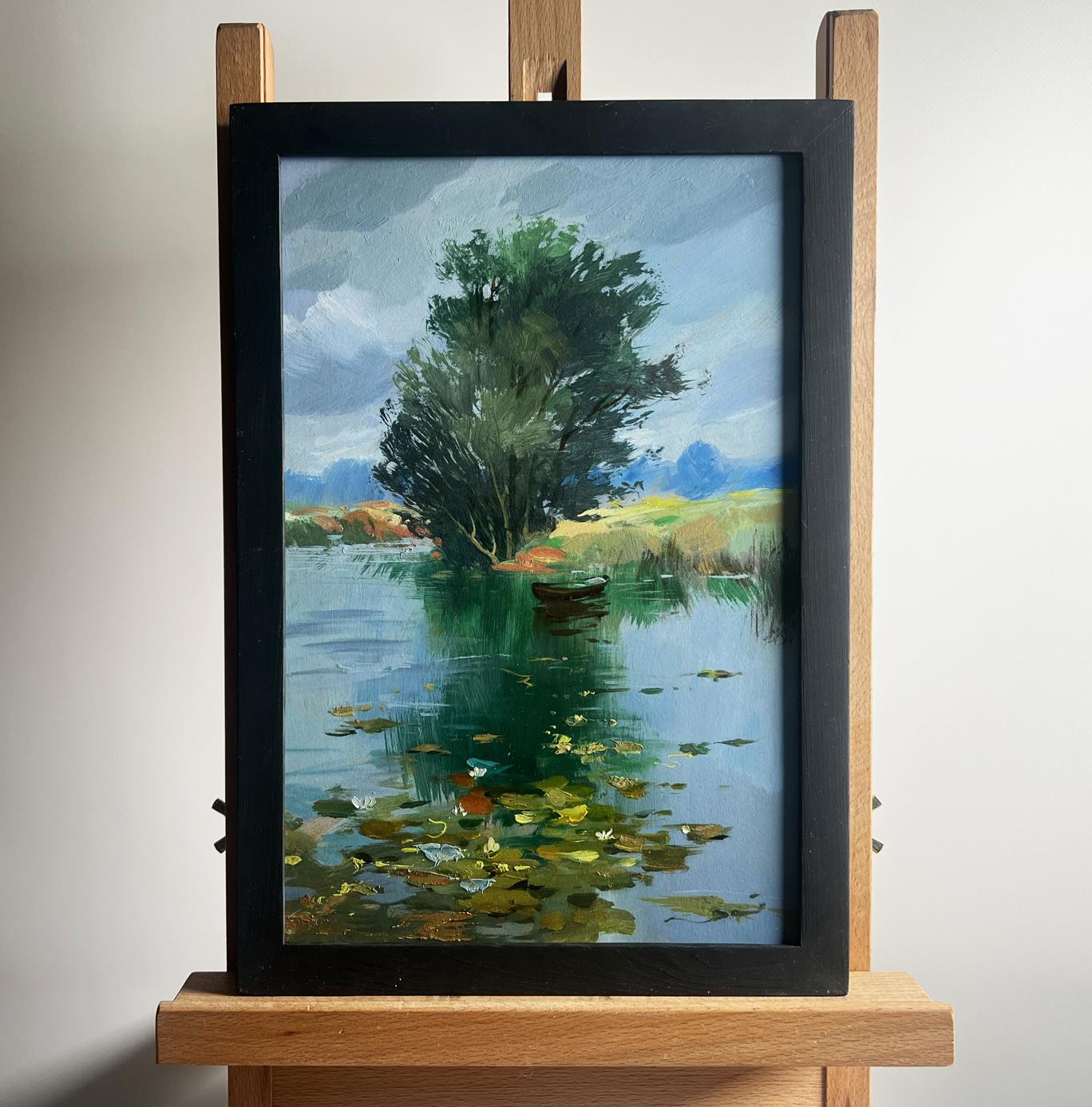 Oil painting Fishing by a Lonely Tree by Yuriy Suprunchuk lakeside scene