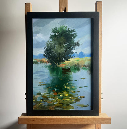 Oil painting Fishing by a Lonely Tree by Yuriy Suprunchuk lakeside scene
