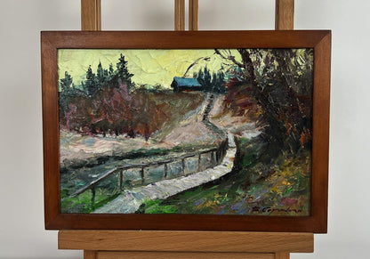 Oil painting Village Bridge by Boris Serdyuk, autumn path to blue-roofed house