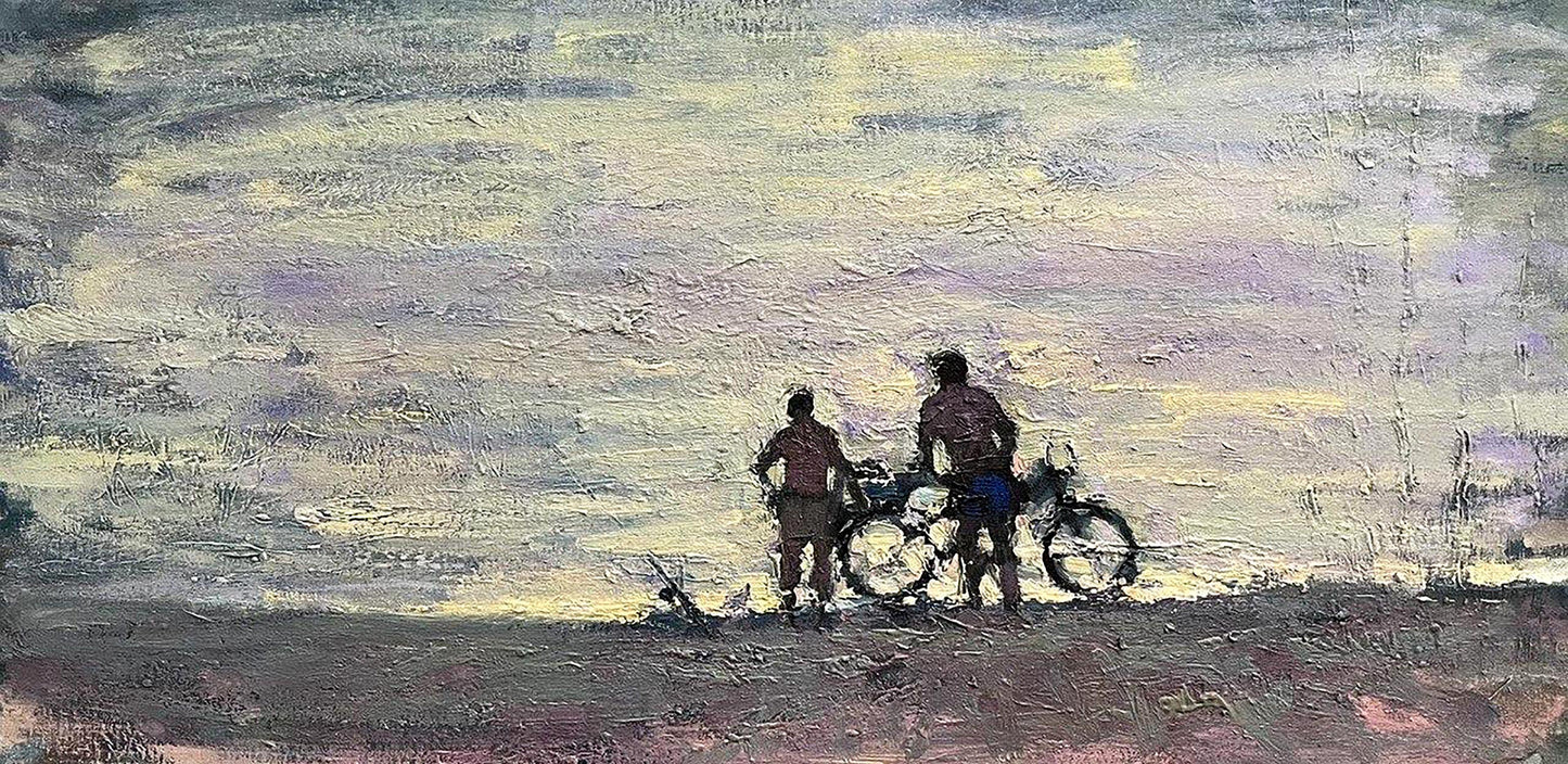 Oil painting by Volodymyr Pashchenko: silhouetted figures by vintage motorcycle at twilight