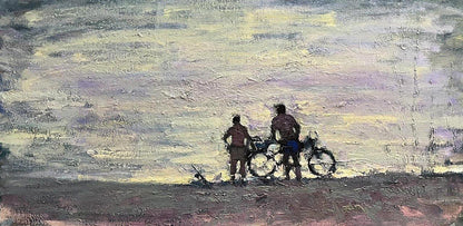 Oil painting by Volodymyr Pashchenko: silhouetted figures by vintage motorcycle at twilight