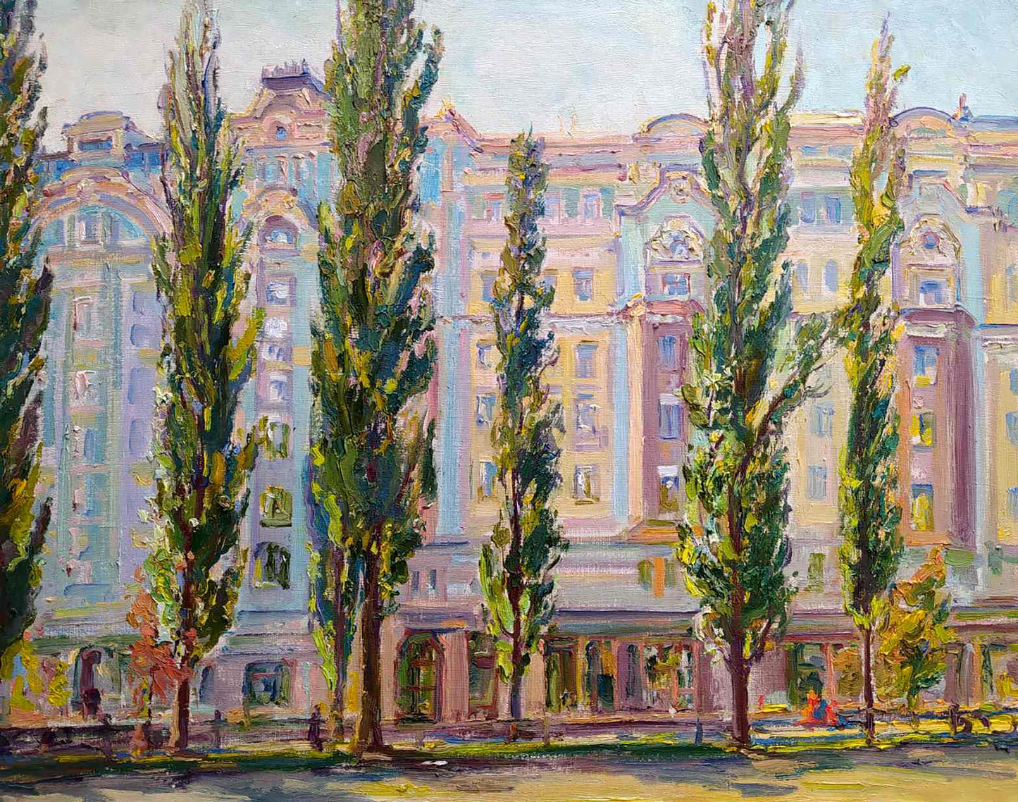Oil painting of grand pastel building on boulevard Leonid Pavlenko behind trees