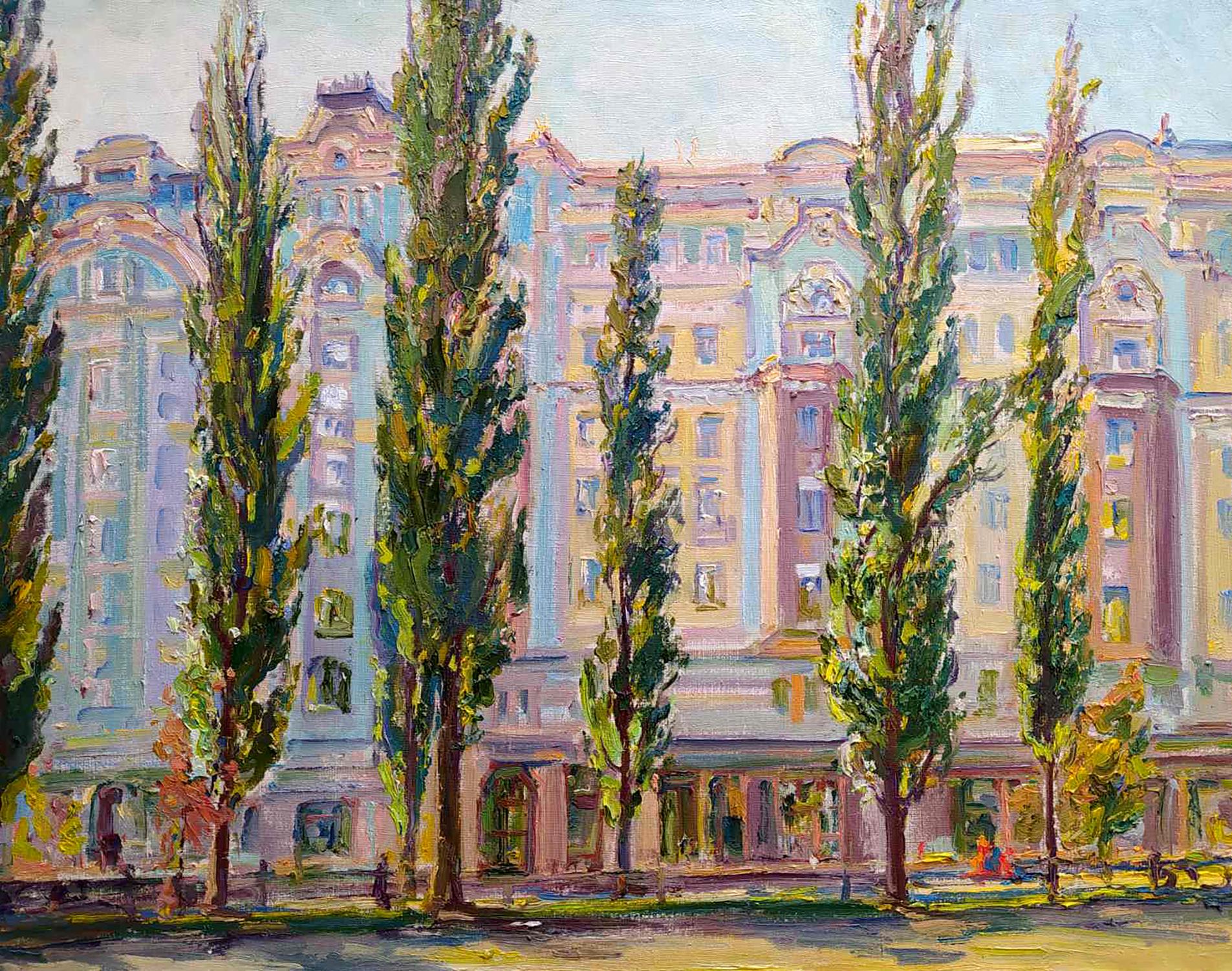 Oil painting of grand pastel building on boulevard Leonid Pavlenko behind trees