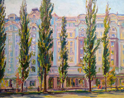 Oil painting of grand pastel building on boulevard Leonid Pavlenko behind trees