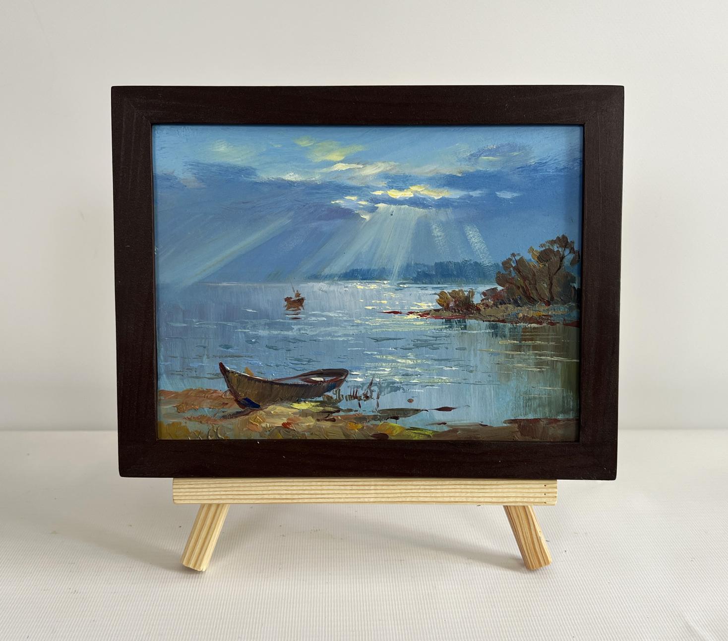 Oil painting Rays of sun through clouds by Yuriy Suprunchuk lakeside scene